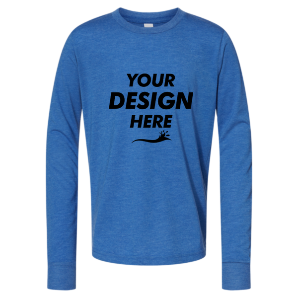 Bella + Canvas Youth Triblend Long Sleeve Tee, True Royal Triblend, Front view, Mockup