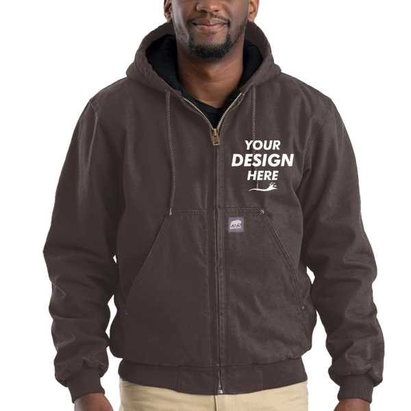 Berne Apparel Men's Heartland Washed Cotton Duck Hooded Jacket, Bark, Front view, Mockup