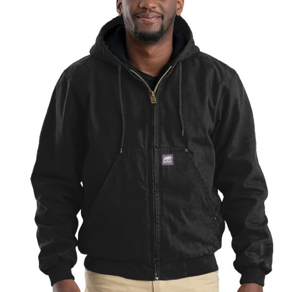 Berne Apparel Men's Heartland Washed Cotton Duck Hooded Jacket, Black, Front view