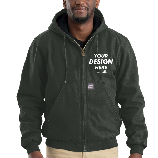 Berne Apparel Men's Heartland Washed Cotton Duck Hooded Jacket, Moss, Front view, Mockup