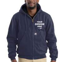 Berne Apparel Men's Heartland Washed Cotton Duck Hooded Jacket, Navy, Front view, Mockup