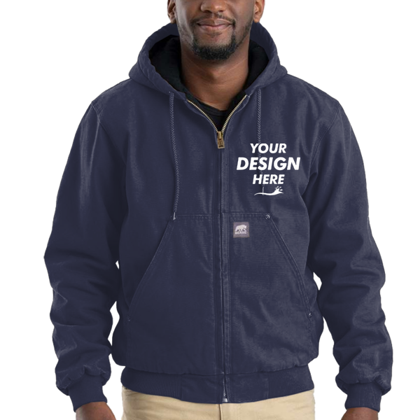 Berne Apparel Men's Heartland Washed Cotton Duck Hooded Jacket, Navy, Front view, Mockup