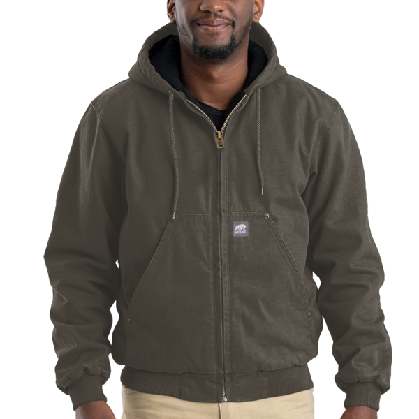 Berne Apparel Men's Heartland Washed Cotton Duck Hooded Jacket, Olive Duck, Front view