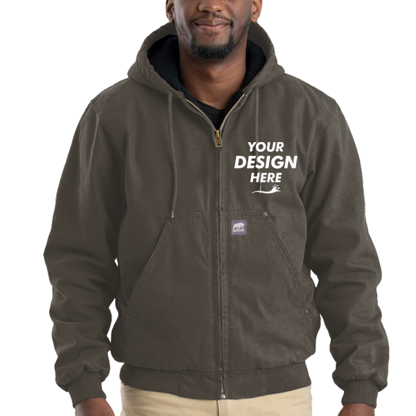 Berne Apparel Men's Heartland Washed Cotton Duck Hooded Jacket, Olive Duck, Front view, Mockup