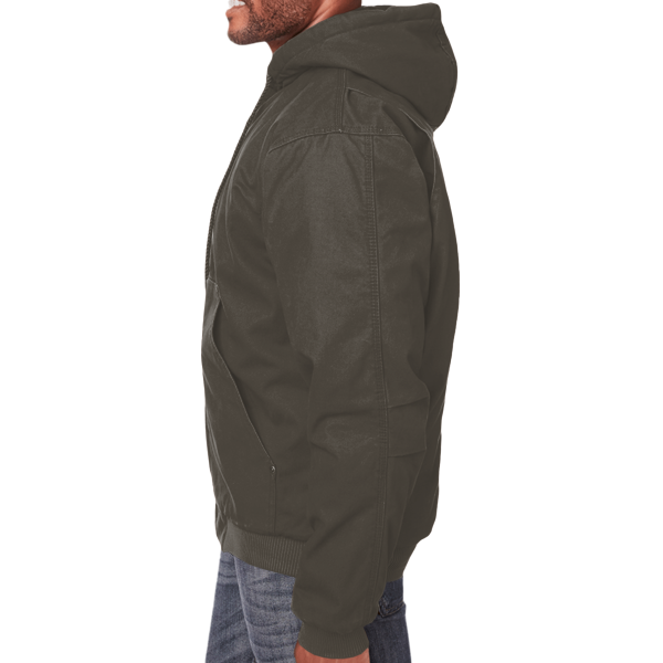 Berne Apparel Men's Heartland Washed Cotton Duck Hooded Jacket, Olive Duck, Left Sleeve view