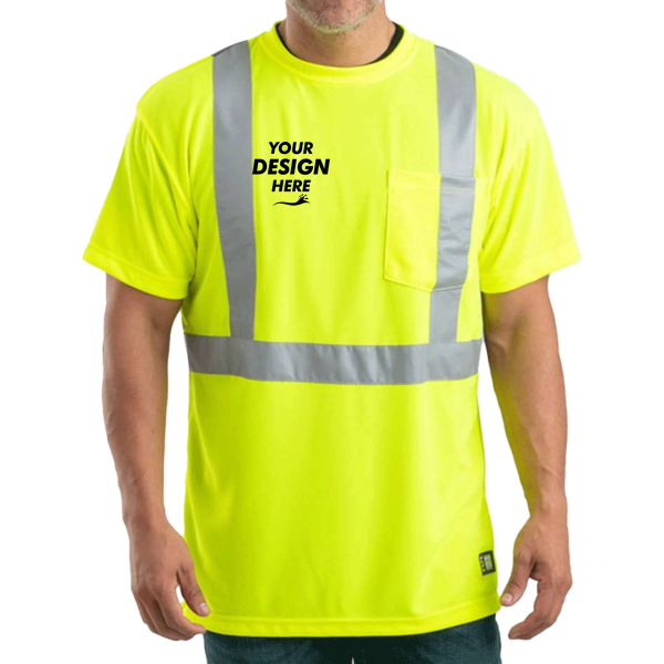 Berne Apparel Men's Hi-Vis Class 2 Performance Pocket T-Shirt, Yellow, Front view, Mockup