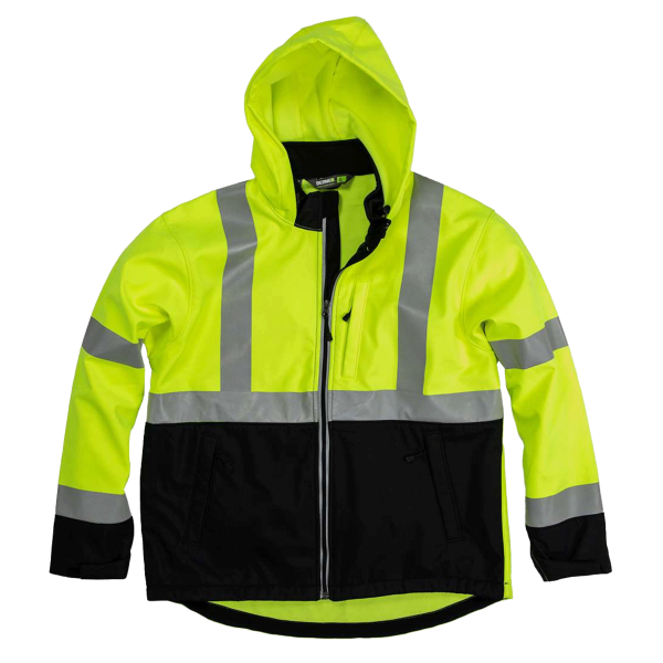Berne Apparel Men's Hi-Vis Class 3 Hooded Soft Shell Jacket, Yellow, Front view