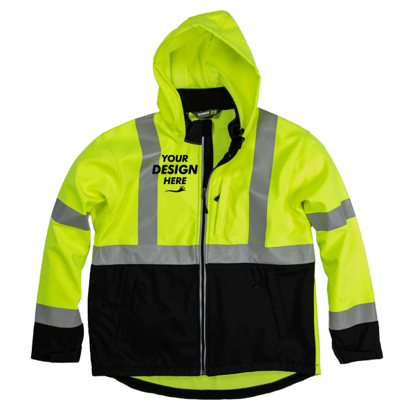Berne Apparel Men's Hi-Vis Class 3 Hooded Soft Shell Jacket, Yellow, Front view, Mockup