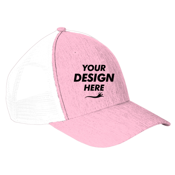 Big Accessories Sport Trucker Cap, Heather Pink / White, Front view, Mockup
