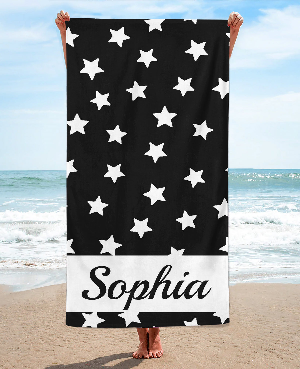 Personalized Star Patterned Beach Towel, Black Standart Beach Towel, Black Premium Beach Towel