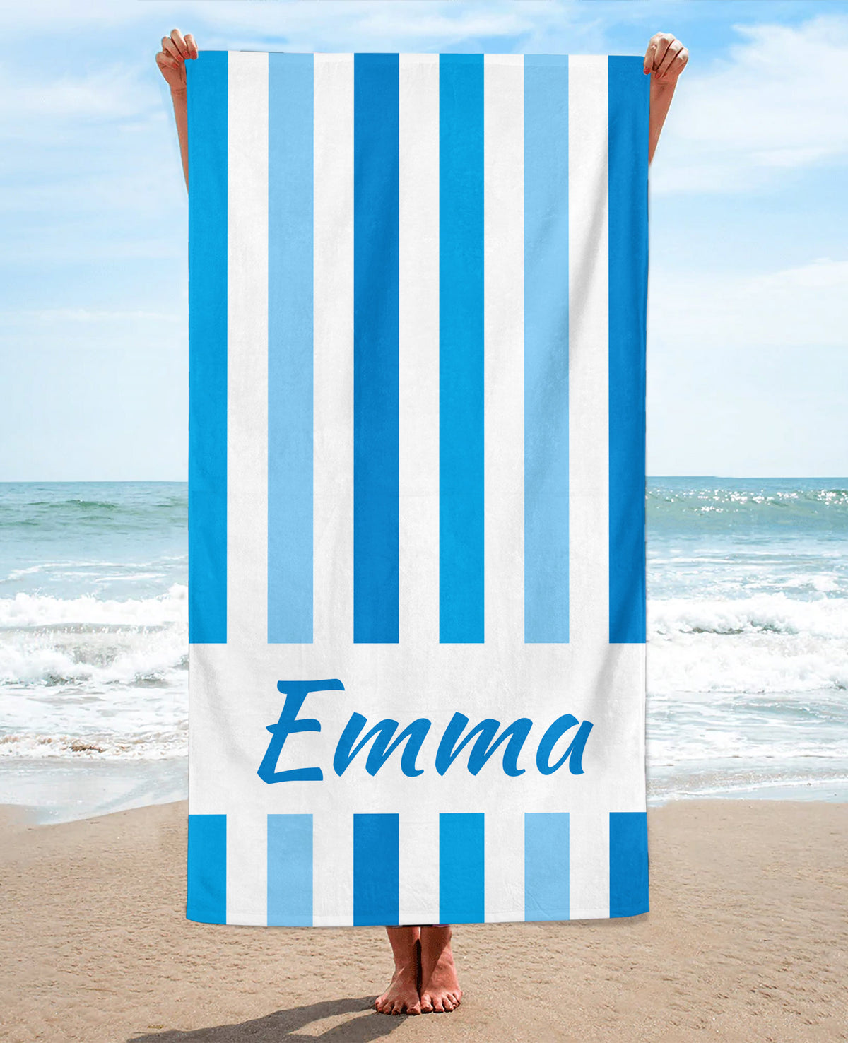 Personalized Vertically Striped Beach Towel, Blue Standart Beach Towel, Blue Premium Beach Towel