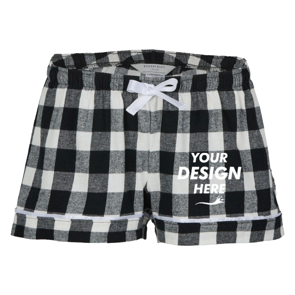 Boxercraft Women's Flannel Shorts, Black / White Buffalo Plaid, Front view, Mockup