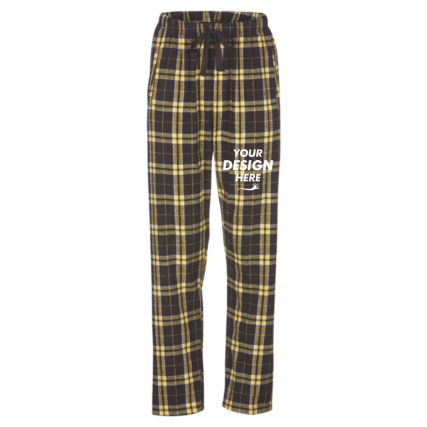 Boxercraft Women's Haley Flannel Pants, Black / Gold / Gold, Front view, Mockup