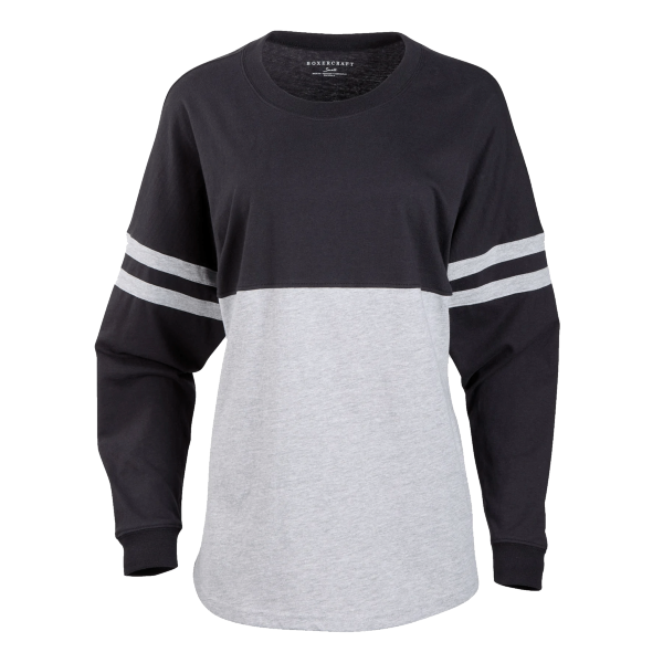 Boxercraft Women's Pom Pom Long Sleeve Jersey T-Shirt, Black / Oxford / Oxford, Front view