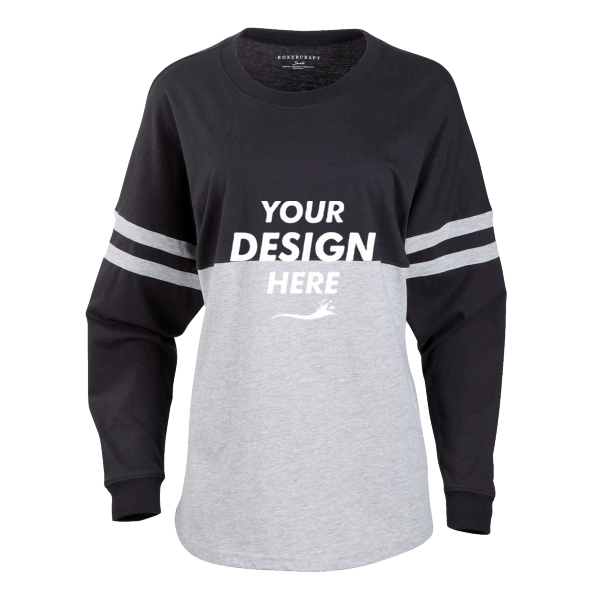 Boxercraft Women's Pom Pom Long Sleeve Jersey T-Shirt, Black / Oxford / Oxford, Front view, Mockup