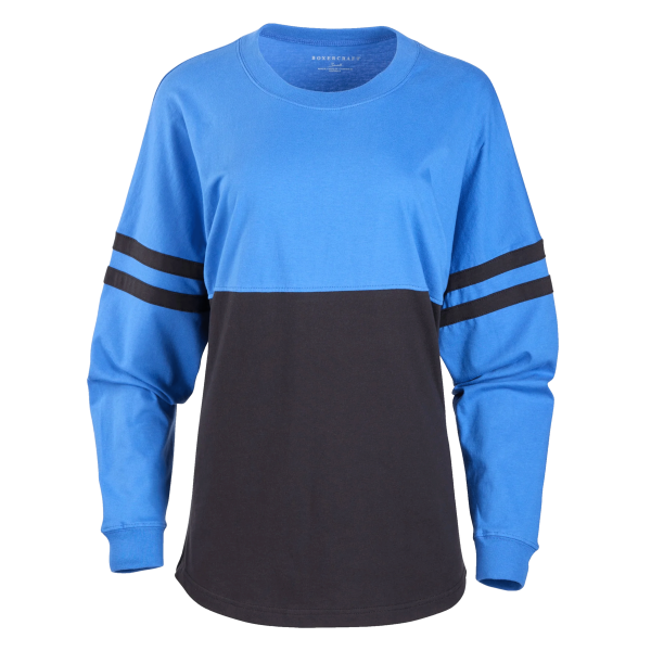 Boxercraft Women's Pom Pom Long Sleeve Jersey T-Shirt, Collegiate Blue / Blue / Black, Front view