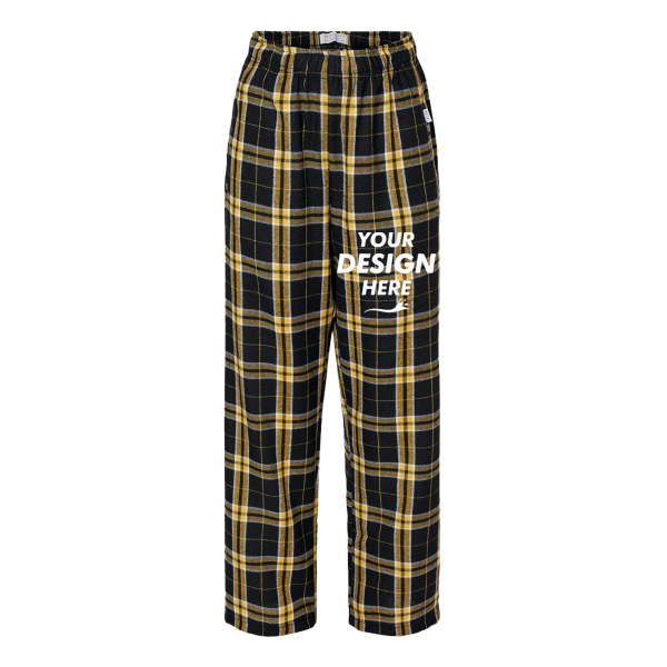 Boxercraft Youth Flannel Pants, Black / Gold, Front view, Mockup