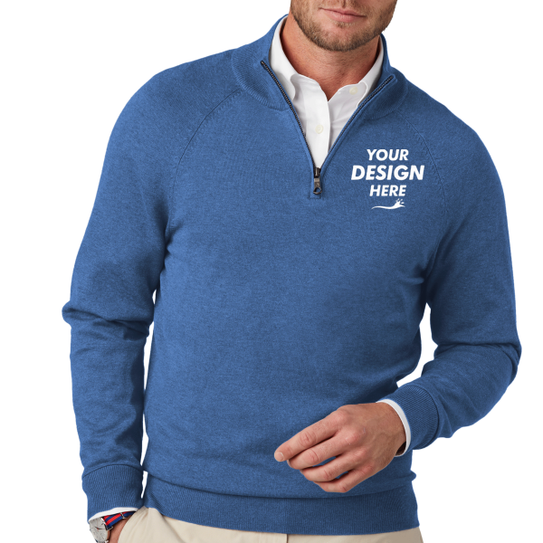 Brooks Brothers Cotton Stretch 1/4 Zip Sweater, Charter Blue Heather, Front view, Mockup