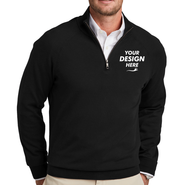 Brooks Brothers Cotton Stretch 1/4 Zip Sweater, Deep Black, Front view, Mockup
