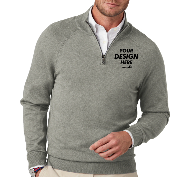 Brooks Brothers Cotton Stretch 1/4 Zip Sweater, Light Shadow Grey Heather, Front view, Mockup