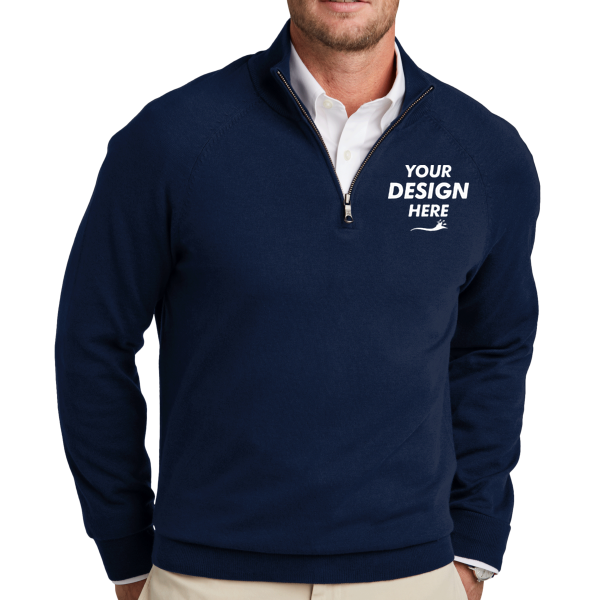 Brooks Brothers Cotton Stretch 1/4 Zip Sweater, Navy Blazer, Front view, Mockup