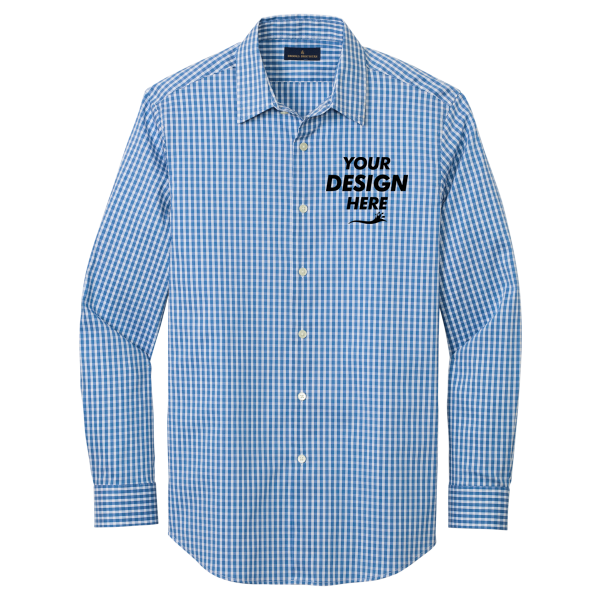 Brooks Brothers Tech Stretch Patterned Shirt, Charter Blue Check / Charter Blue Check, Front view, Mockup