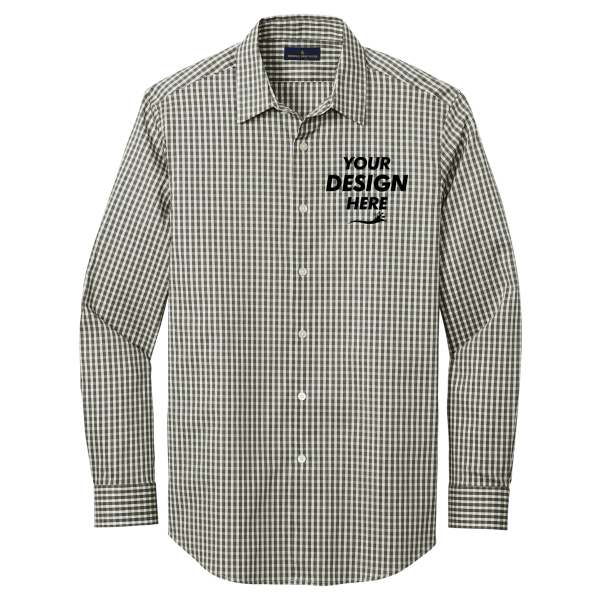Brooks Brothers Tech Stretch Patterned Shirt, Deep Black Check / Deep Black Check, Front view, Mockup