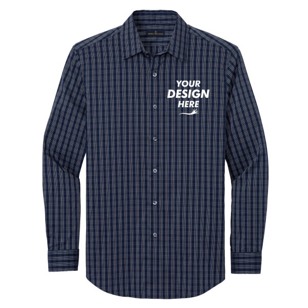 Brooks Brothers Tech Stretch Patterned Shirt, Navy Blazer / White Grid Check, Front view, Mockup