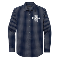 Brooks Brothers Tech Stretch Patterned Shirt, Navy Blazer / White Grid Check, Front view, Mockup