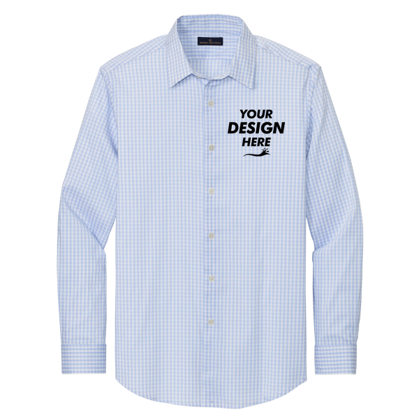 Brooks Brothers Tech Stretch Patterned Shirt, Newport Blue / Pearl Pink Fine Check, Front view, Mockup