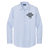Brooks Brothers Tech Stretch Patterned Shirt, Newport Blue / Pearl Pink Fine Check, Front view, Mockup