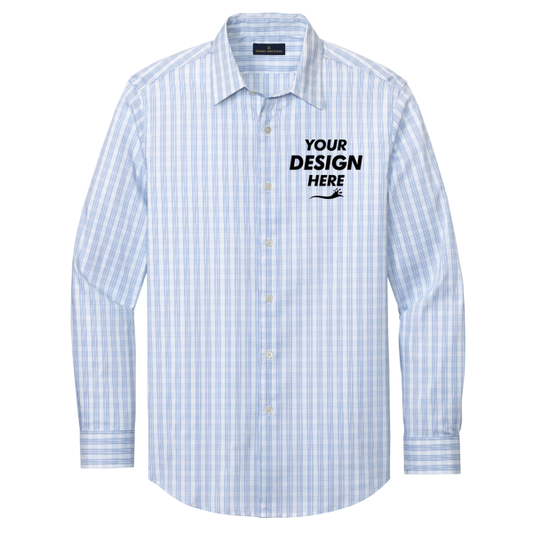 Brooks Brothers Tech Stretch Patterned Shirt, White / Newport Blue Grid Check, Front view, Mockup