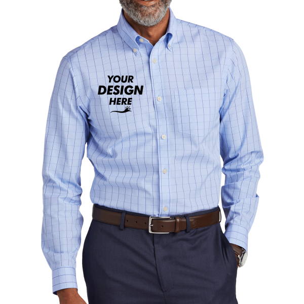 Brooks Brothers Wrinkle Free Stretch Patterned Shirt, Newport Blue, Front view, Mockup