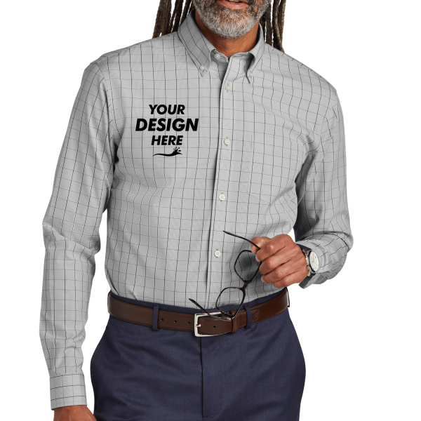 Brooks Brothers Wrinkle Free Stretch Patterned Shirt, Shadow Grey, Front view, Mockup