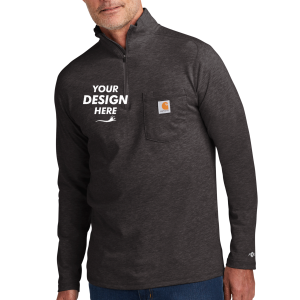 Carhartt Force ® 1/4 Zip Long Sleeve T Shirt, Carbon Heather, Front view, Mockup