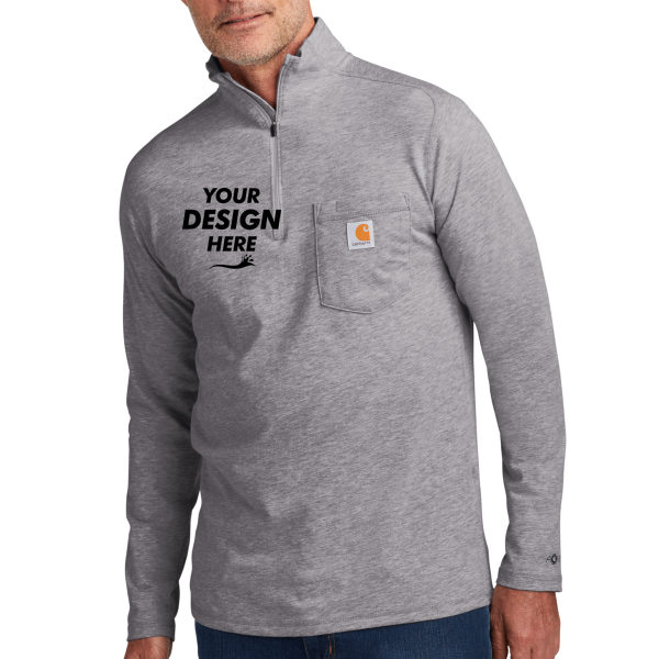 Carhartt Force ® 1/4 Zip Long Sleeve T Shirt, Heather Grey, Front view, Mockup