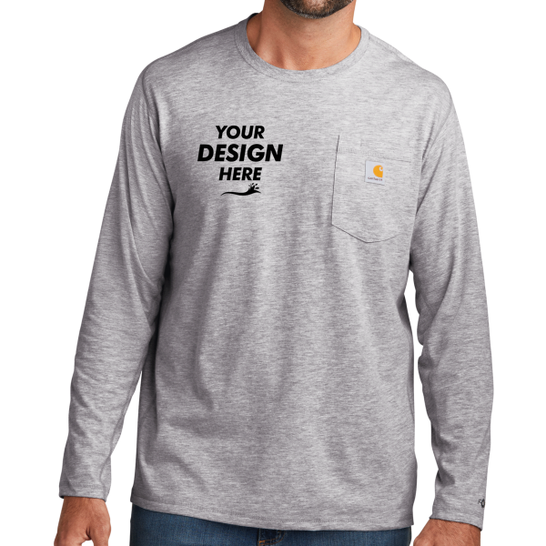 Carhartt Force ® Long Sleeve Pocket T Shirt, Heather Grey, Front view, Mockup