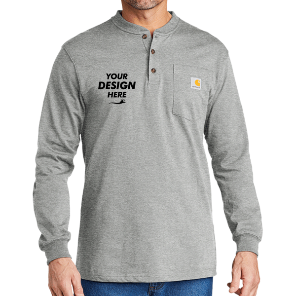 Carhartt Long Sleeve Henley T Shirt, Heather Grey, Front view, Mockup