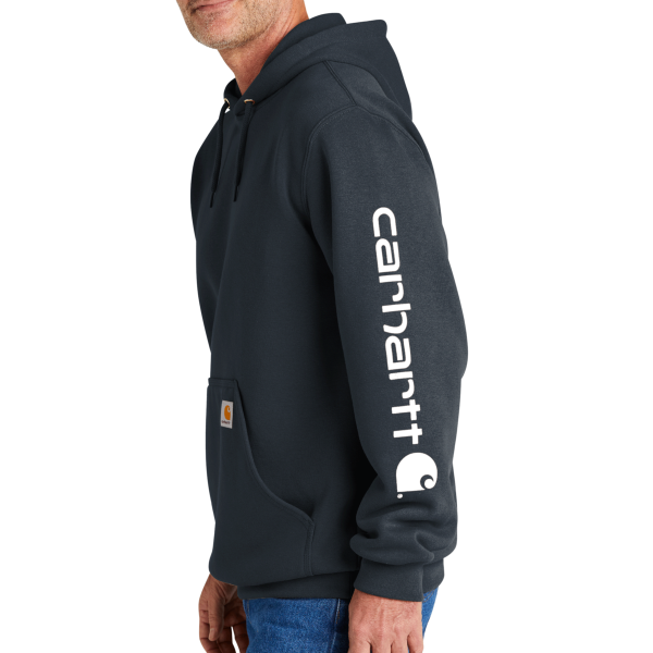 Carhartt Midweight Hooded Logo Sweatshirt, New Navy, Left Sleeve view