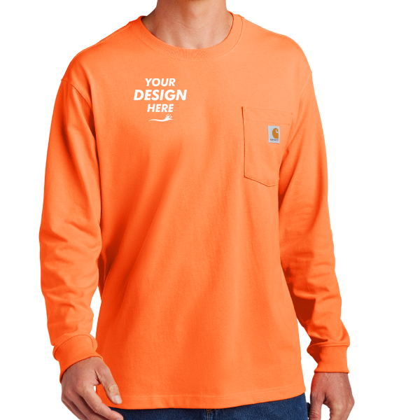Carhartt Workwear Pocket Long Sleeve T Shirt, Brite Orange, Front view, Mockup