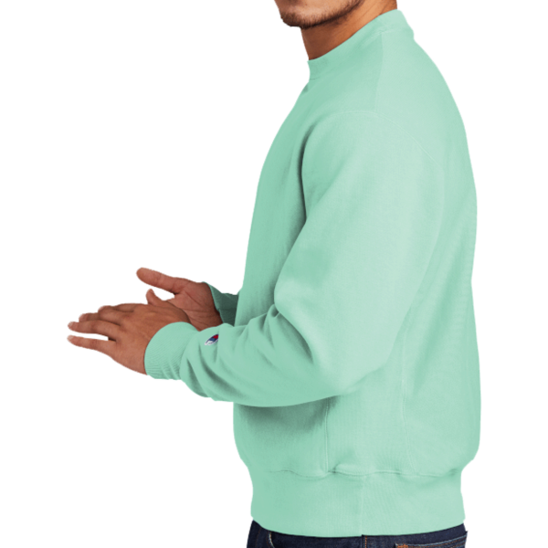 Champion Reverse Weave ® Garment Dyed Crewneck Sweatshirt, Pale Seafoam, Left Sleeve view