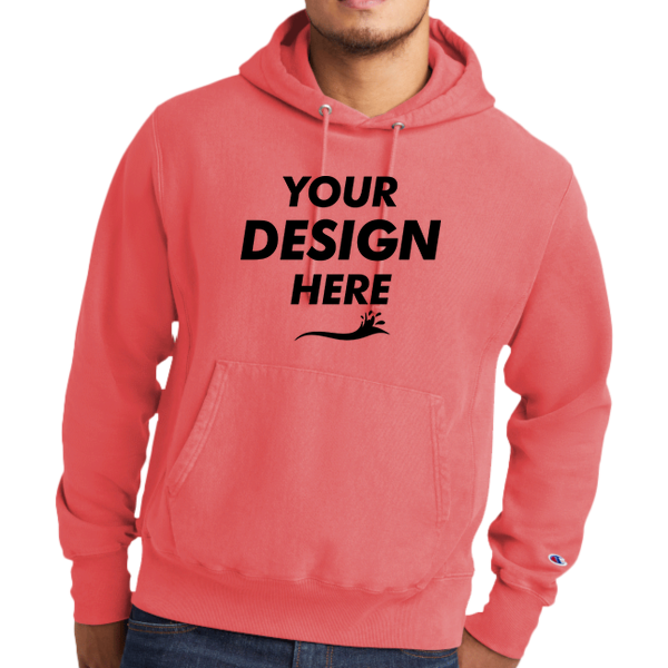 Champion Reverse Weave ® Garment Dyed Hooded Sweatshirt, Coral Craze, Front view, Mockup