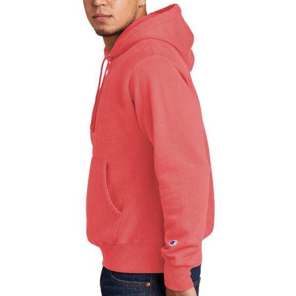 Champion Reverse Weave ® Garment Dyed Hooded Sweatshirt, Coral Craze, Left Sleeve view