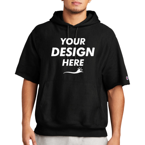 Champion Reverse Weave ® Short Sleeve Hooded Sweatshirt, Black, Front view, Mockup
