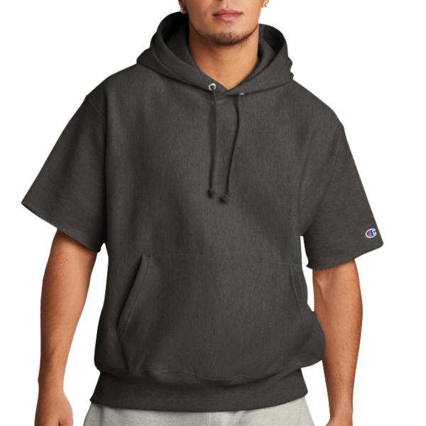 Champion Reverse Weave ® Short Sleeve Hooded Sweatshirt, Charcoal Heather, Front view