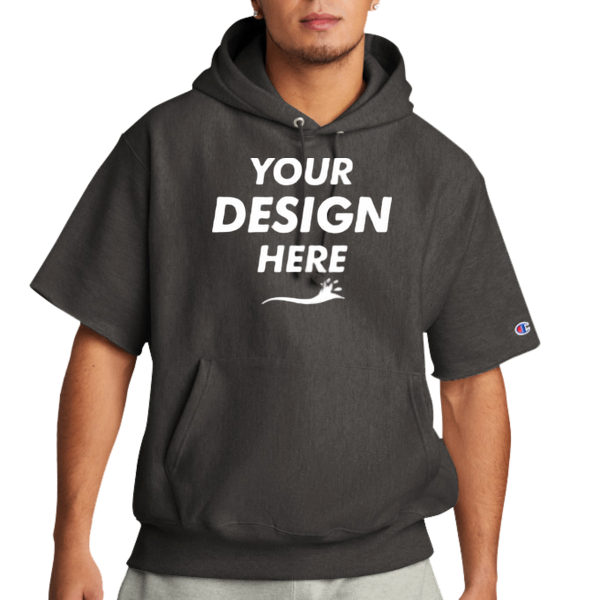 Champion Reverse Weave ® Short Sleeve Hooded Sweatshirt, Charcoal Heather, Front view, Mockup