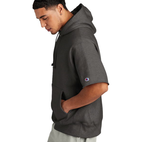 Champion Reverse Weave ® Short Sleeve Hooded Sweatshirt, Charcoal Heather, Left Sleeve view