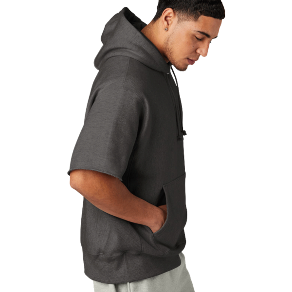 Champion Reverse Weave ® Short Sleeve Hooded Sweatshirt, Charcoal Heather, Right Sleeve view