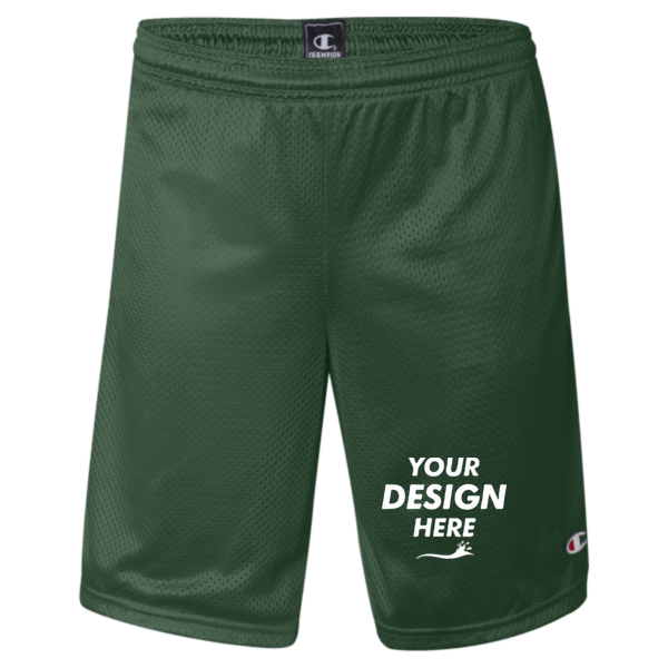 Champion Unisex 9" Mesh Shorts with Pockets, Athletic Dark Green, Front view, Mockup