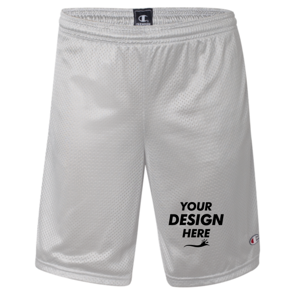 Champion Unisex 9" Mesh Shorts with Pockets, Athletic Grey, Front view, Mockup